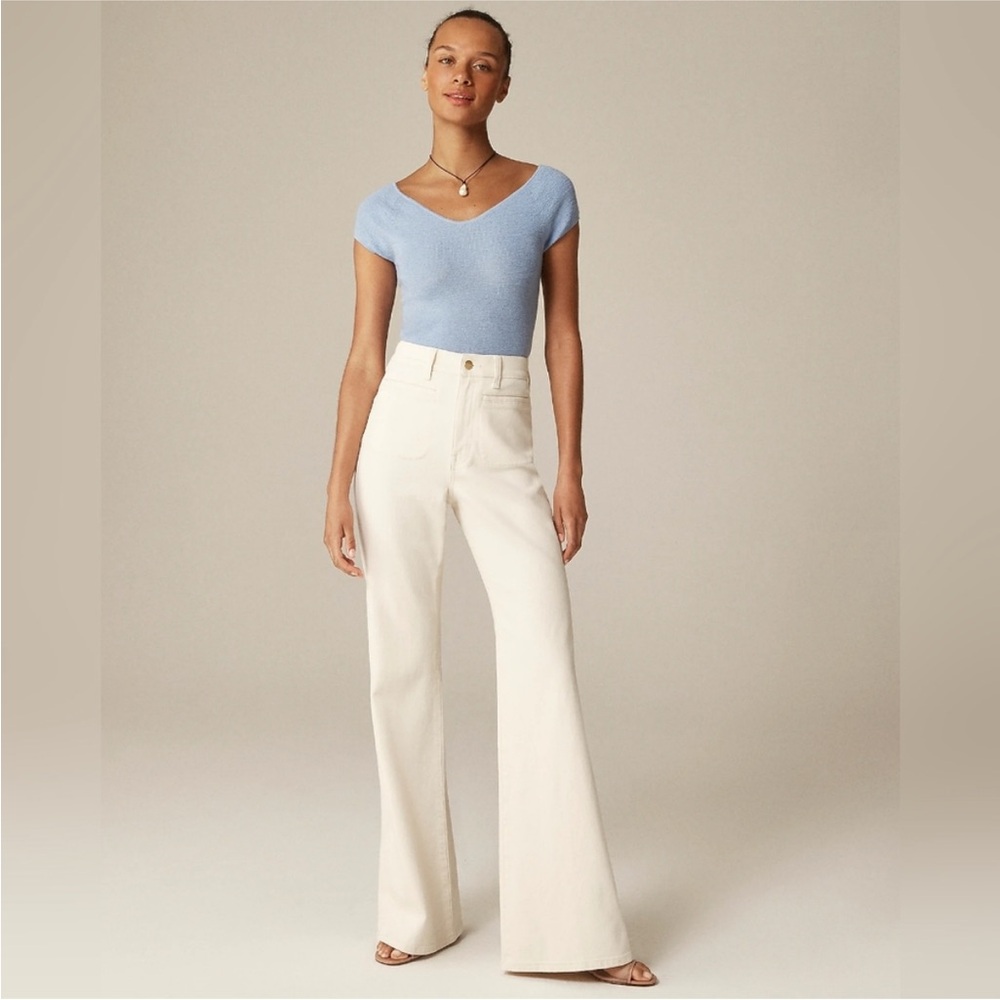 J. Crew Cream Wide-Leg Jeans with Light Blue Top Styling
